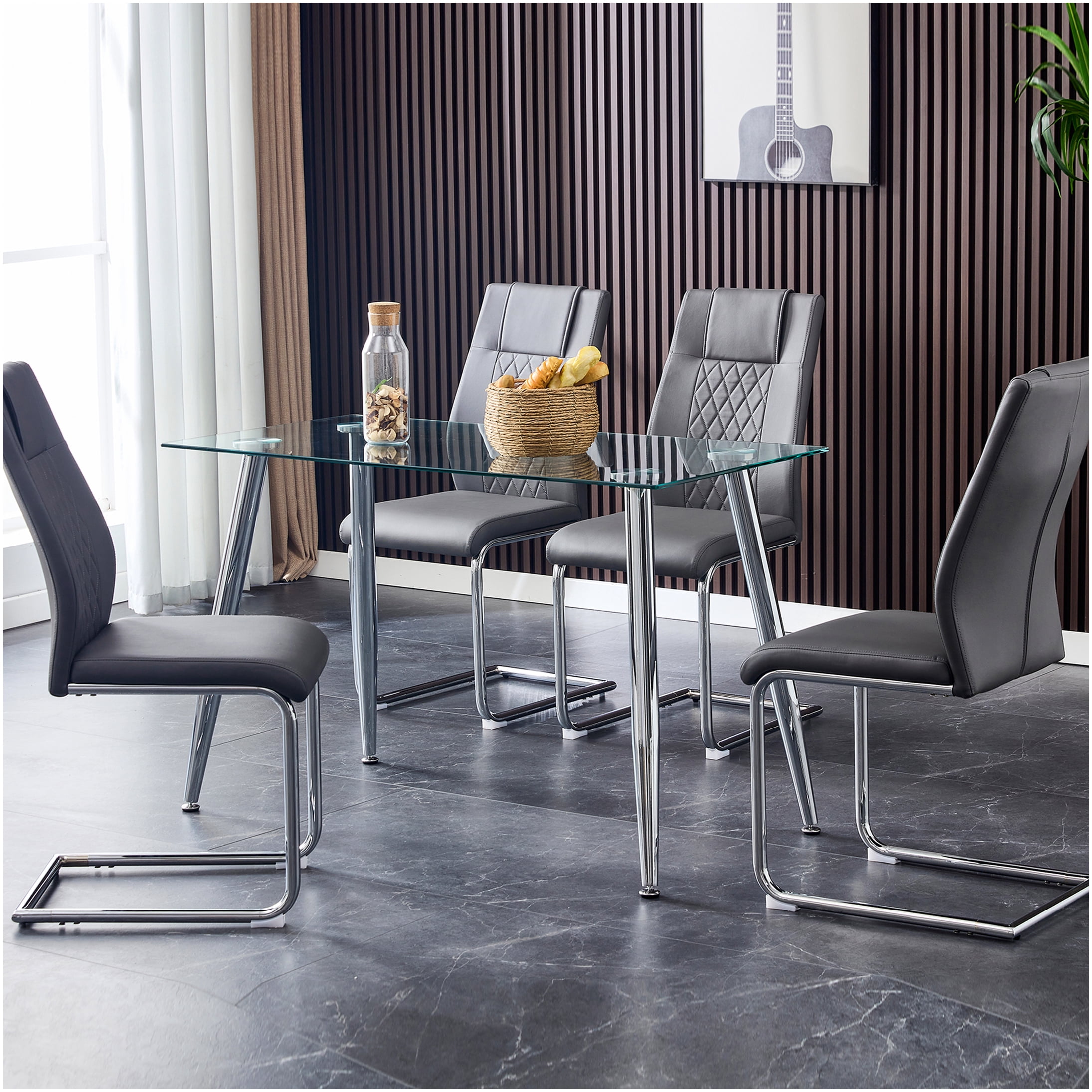 Modern PU Leather Dining Chairs Set of 8, Grey Upholstered Side Chairs with Padded Seat and Sturdy Metal Legs for Kitchen Dining Room