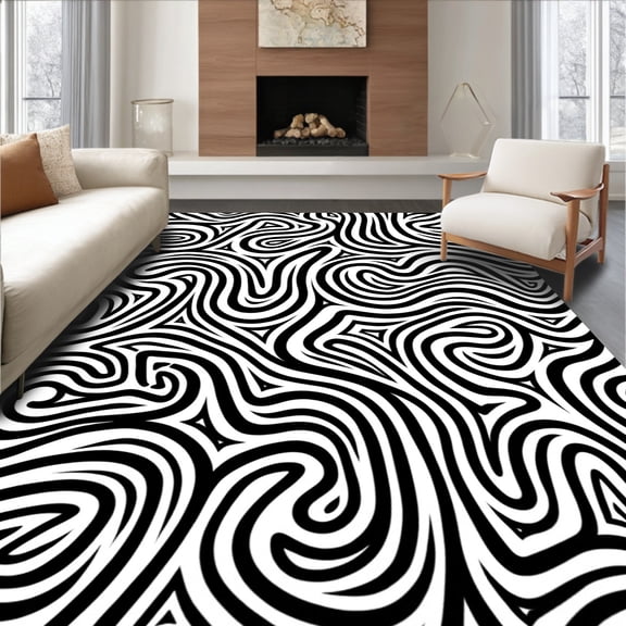 ODIKA 4'x6' Machine Washable Non-Slip Area Rug, Abstract Monochrome Swirl Decorative Accent High Traffic Rug, Black, 474040