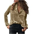 thumbnail image 2 of QATAINLAV Women's Velvet Shirts Turndown Neck Loose Comfy Blouse Ladies Casual Solid T-Shirts Long Sleeve Tops 2025 Fall Outfits Khaki XXL Gifts for Mom, 2 of 6
