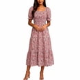 thumbnail image 5 of NTACZA Women Dresses Tiered Hem Casual Sundress Daisy Floral Maxi Ruched Waist A-Line Square Neckline Short Sleeve Beach Size XL, 5 of 6