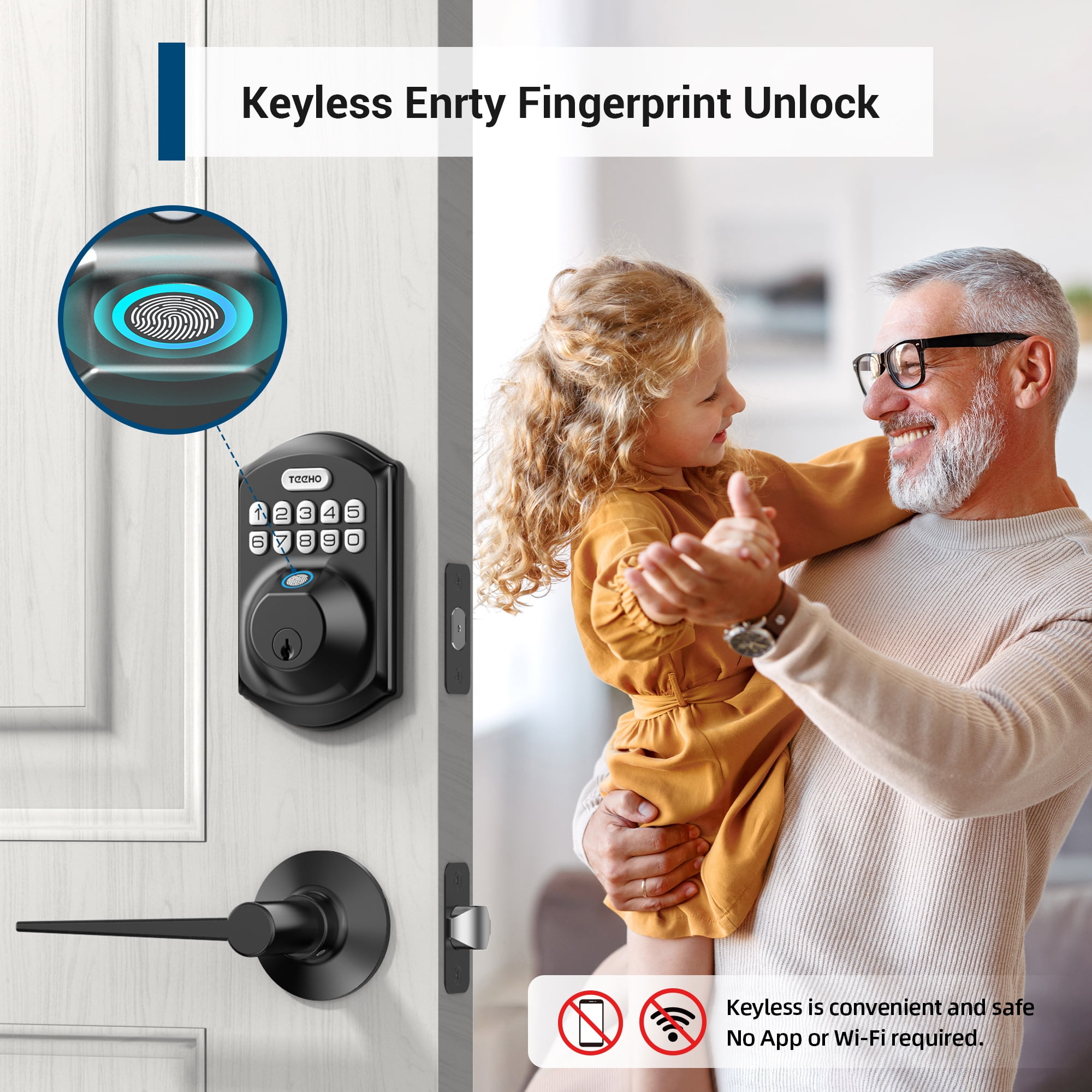 TEEHO Fingerprint Keyless Entry Door Lock with 2 Handles, Security Keypad Deadbolt Lock, Electronic Smart Door Locks, Auto Lock, Easy Installation- Matte Black