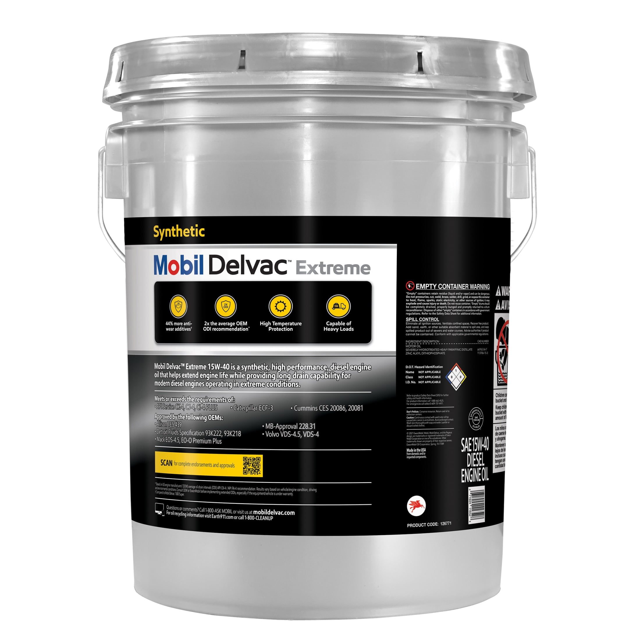 Mobil Delvac Extreme Heavy Duty Full Synthetic Diesel Engine Oil 15W-40, 5 Gallon