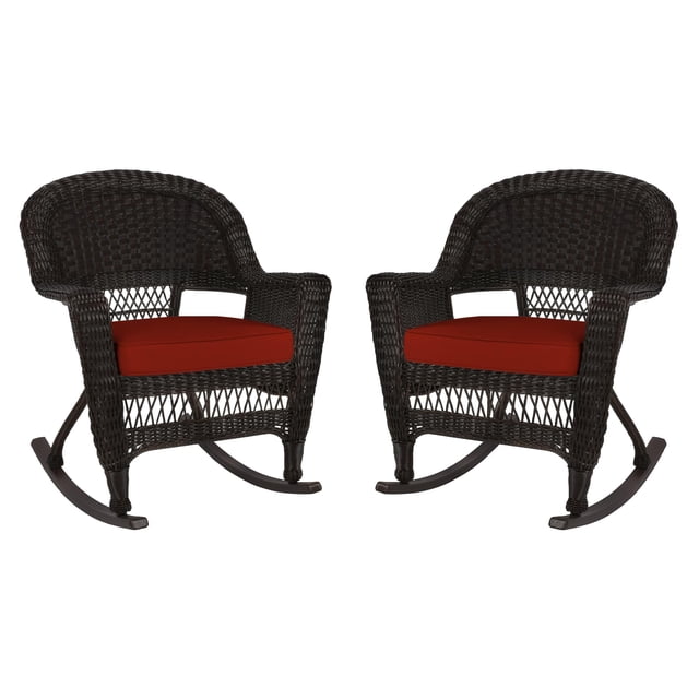 Pemberly Row Wicker Rocker Chair in Black with Red Cushion (Set of 2)