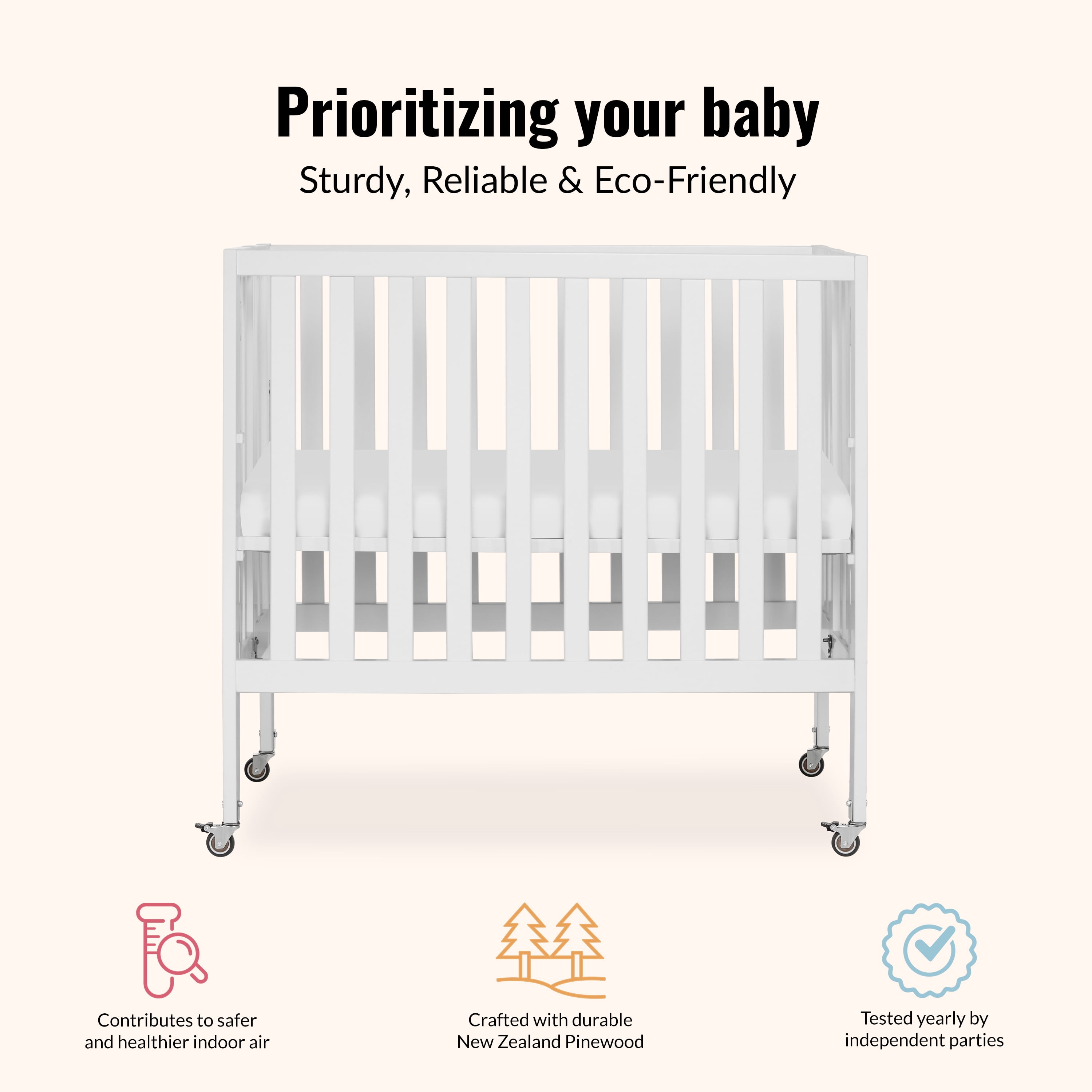 Dream On Me Jett Non-Full Size Folding Crib I Removable Wheels I Modern Nursey I Adjustable Mattress Support I Patent Folding System I Included 2.5” Mattress In White