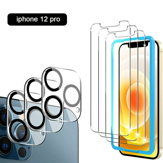 protectores de pantalla y 3 protectores de lente de cámara compatibles con iPhone 12 Pro/12 Pro Max/12 mini, vidrio templado, fácil instalación del marco, ultrafino HD