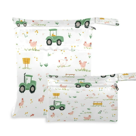 2 Pack Wet Dry Bags Waterproof Reusable Wet Bag with Handle for Travel,Diapers,Dirty Gym Clothes and Toiletries Cute Farmyard Pattern