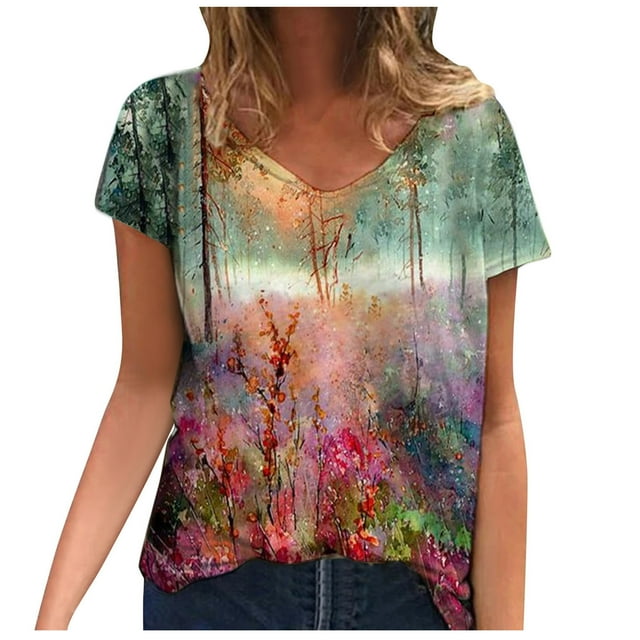 Birdeem Mode Femme Blouse à Manches Courtes Col en V T-Shirt Été Imprimé Tops Amples