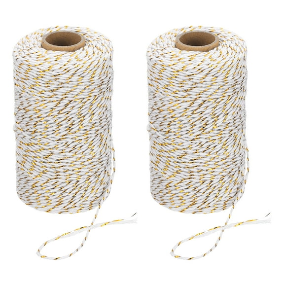 Uxcell 2mm x 109 Yard Cotton Butcher Bakers Twine for Gift Wrapping Arts Crafts Gardening, Gold White 2 Roll