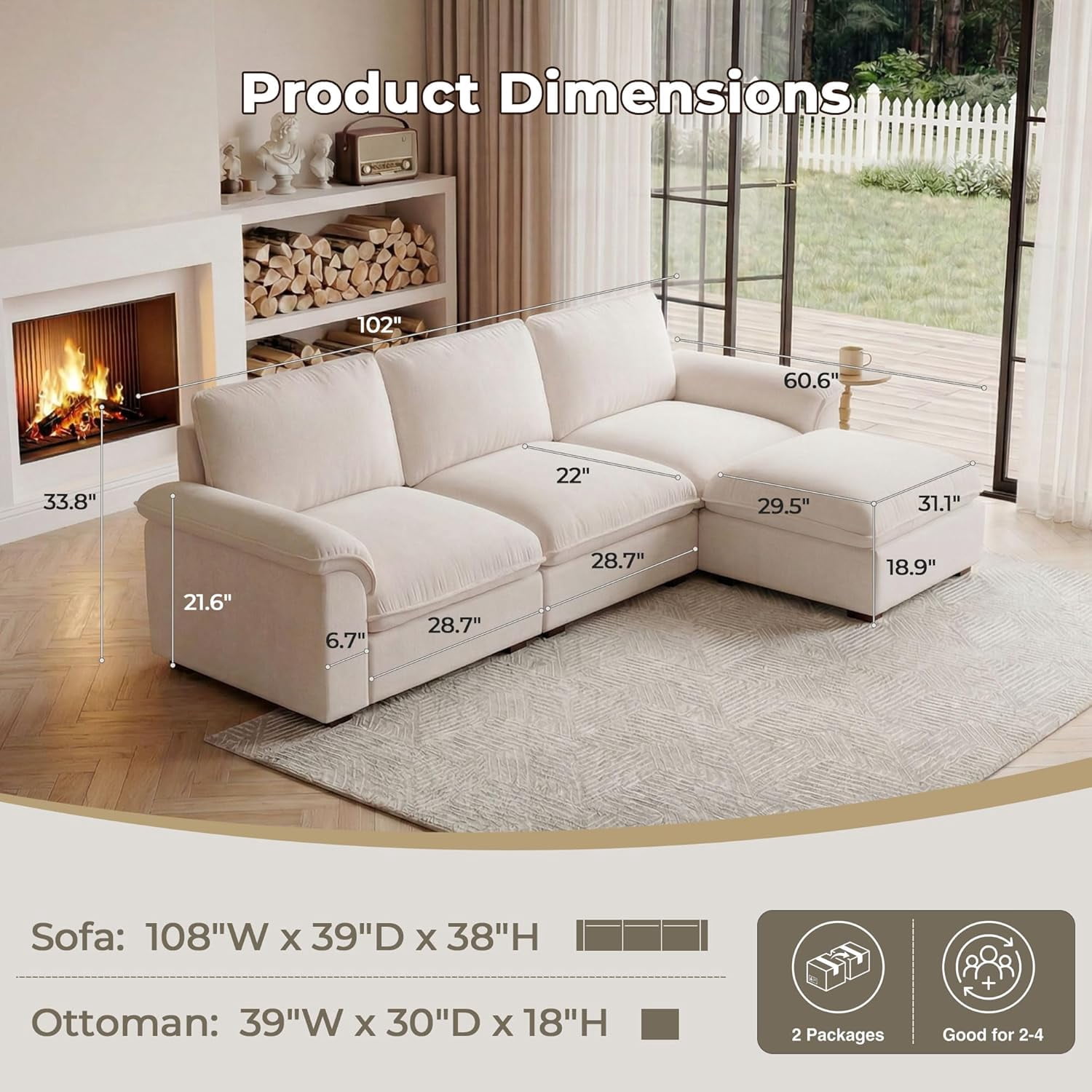 Carzzi-Life 102" Sofa Couch for Living Room, Modern Comfy Sofa with Extra Depth Seat and Ottoman, 3 Seater Chenille Couches for Living Room Apartment, Beige