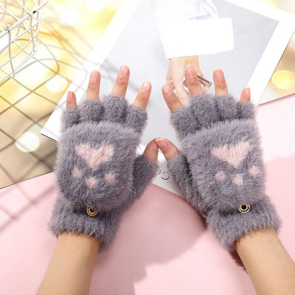 BRGZLK Gloves for Girls Winter Students Half Finger Flip Cover Cartoon Plush Autumn Winter Fleece Lined Thickened Warm Gloves Fashion Winter Outdoor Sport Warm Gloves Purple M