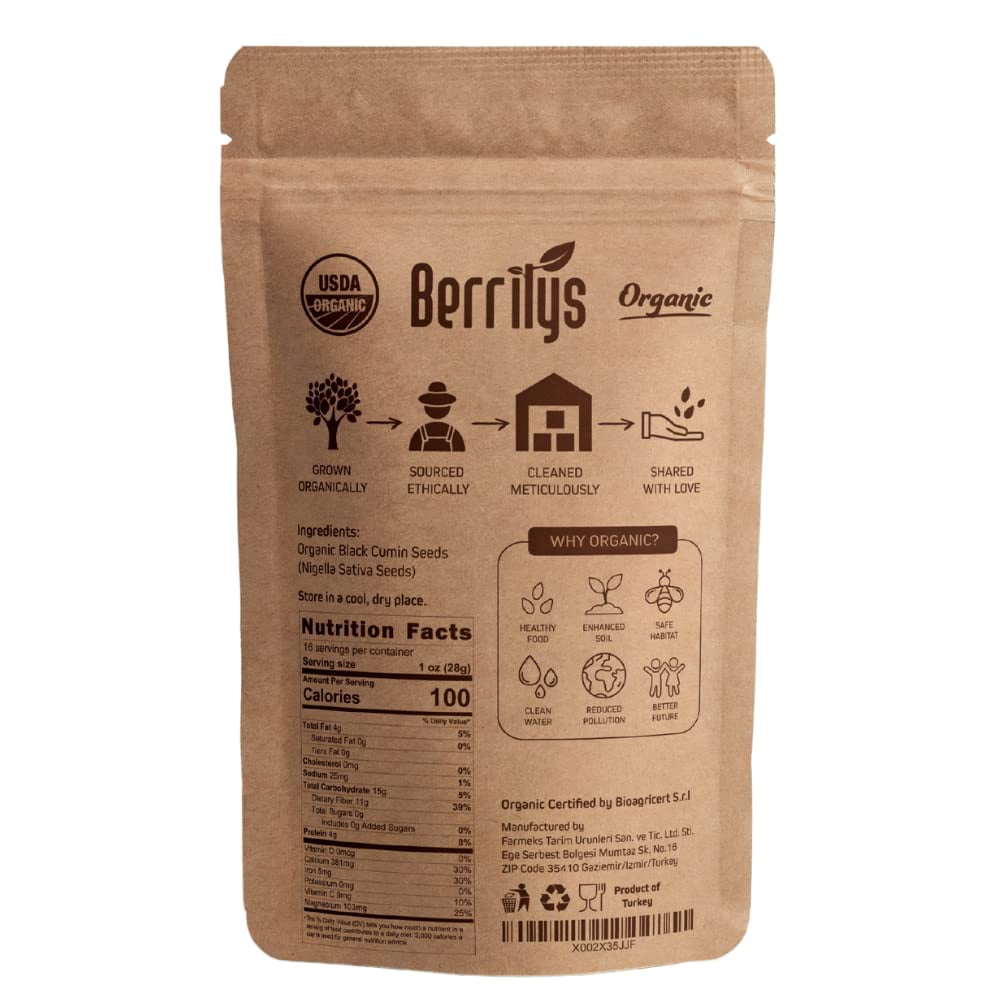 Berrilys Black Seeds, USDA Organic, 2 PACKS (2x16oz), Also Known as Nigella Sativa, Kalonji & Black Cumin Seeds, Used as Spice