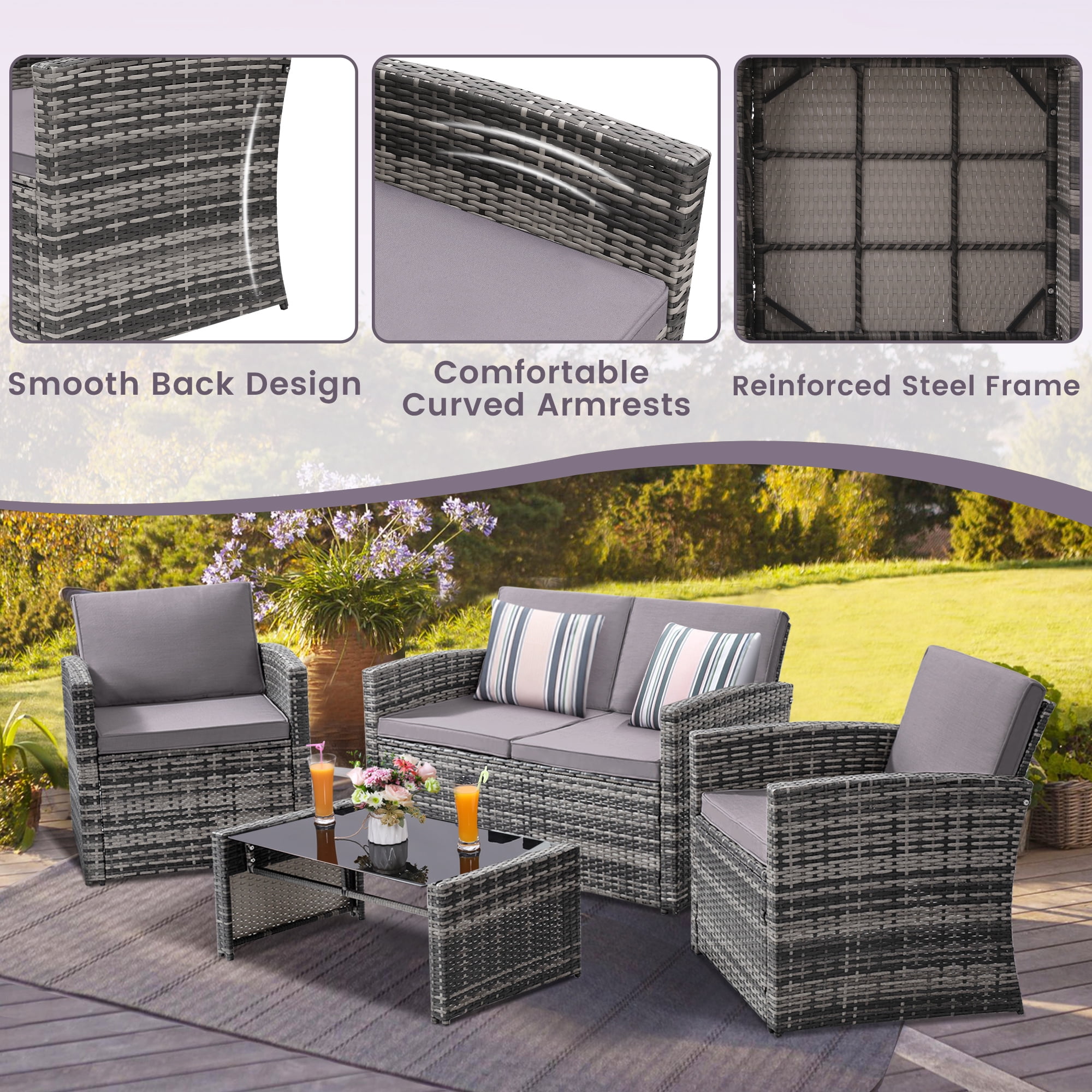 TUAREX Outdoor 4 Piece Wicker Patio Furniture Set, Waterproof Rattan Sectional Sofa with Thick Cushions, Perfect for Patio, Garden, Porch & Backyard, Grey Rattan and Light Grey Cushion