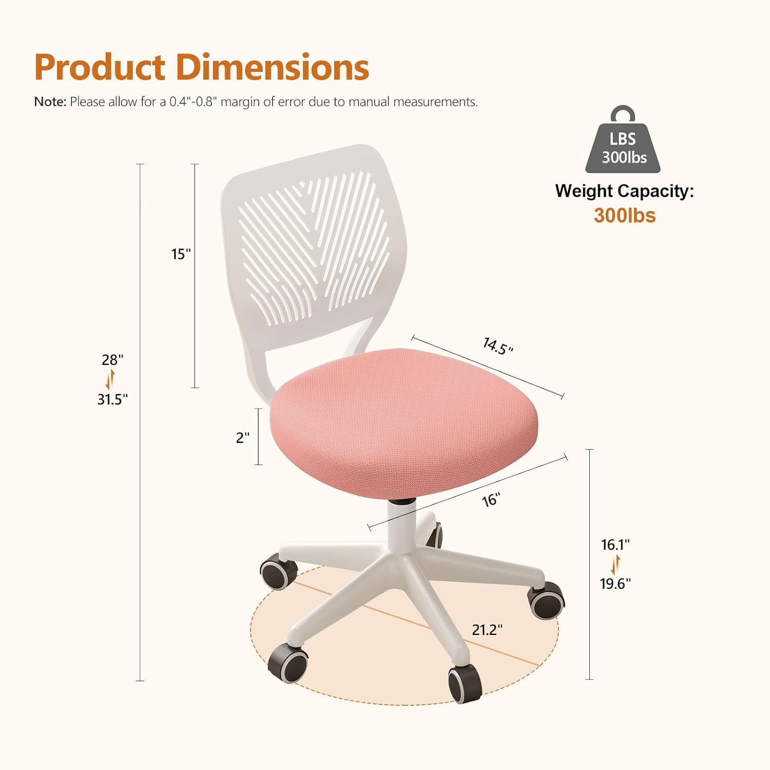 Neatifyes Armless Desk Chair, Height Adjustable Swivel Office Rolling Task Chairs with Soft Mesh Padded Cushion, Ergonomic Small Study Computer Chair for Girls Boys Teens (Pink, 1PC)
