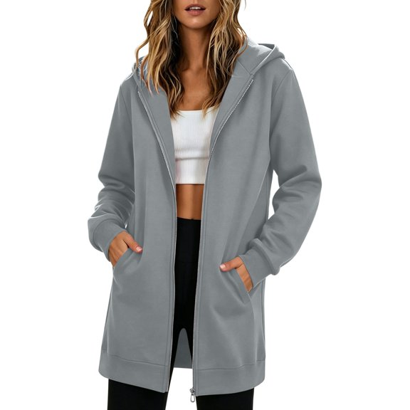 QIYAGBSA Hoodies for Women Zip Up Longline Hooded Sweatshirt with Front Pockets Casual Fall Winter Outerwear (Gray, S)
