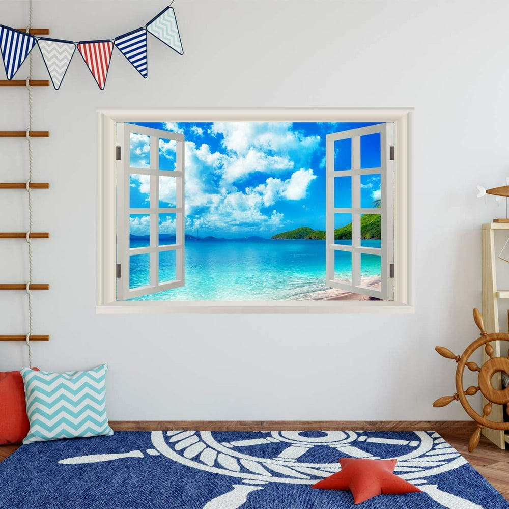 VWAQ Tropical Beach Window Wall Art Decals 3D Ocean Sticker Seascape