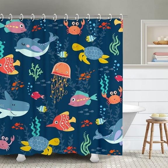 Kids Shower Curtain for Bathroom,Cartoon Sea Ocean Animal Shower Curtain with Dolphin, Ocean Fish Shower Curtains Set with 12 Hooks, Waterproof Cool Shower Curtain, 72''''W x72 ''''H