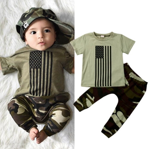 Newborn Kids Baby Boy Clothes USA Flag Tops TShirt Camo Long Pants