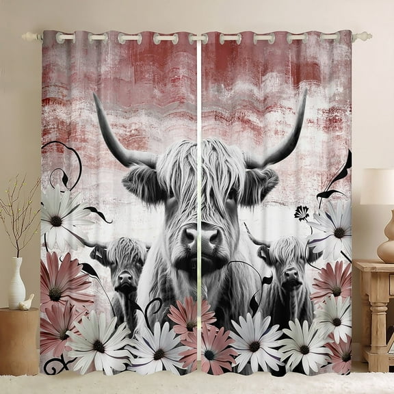 Erosebridal Highland Cow Curtains Blackout,Red Western Farmhouse Curtains & Drapes for Bedroom,Longhorn Cattle Window Curtain Daisy Flowers Curtains Cowboys Gifts for Men Women