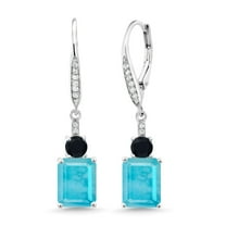 Gem Stone King 925 Sterling Silver Green Turquoise Black Onyx and White Topaz Dangle Earrings for Women (4.26 Cttw, Gemstone Birthstone, Emerald Cut 9X7MM)
