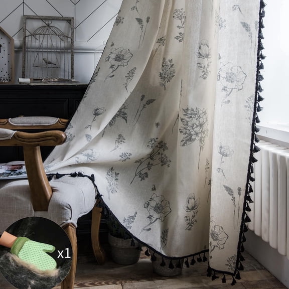 Boho Curtains 71 Inch Length 1 Panels Farmhouse Living Room Semi Sheer Drapes Vintage Floral Tassel Window Curtain Panel Bedroom Grey and Off White Cotton Linen Blend Rod Pocket Window Treatment