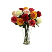 Nearly Natural Multicolored Blooming Roses Artificial Flower Arrangement With Vase
