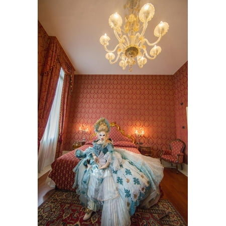 Europe, Italy, Venice. Woman Wearing Carnival Costume in Bedroom Print Wall Art By Jaynes