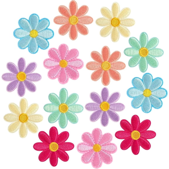 Januofit 14 Pcs Flower Iron on Patches, Cute Daisy Flower Applique Patch, Sew On Embroidered Applique Sewing Patches for Bags, Jackets, Jeans, Clothes DIY Patches, 1.57x1.57inch (W*H), 7 Colors
