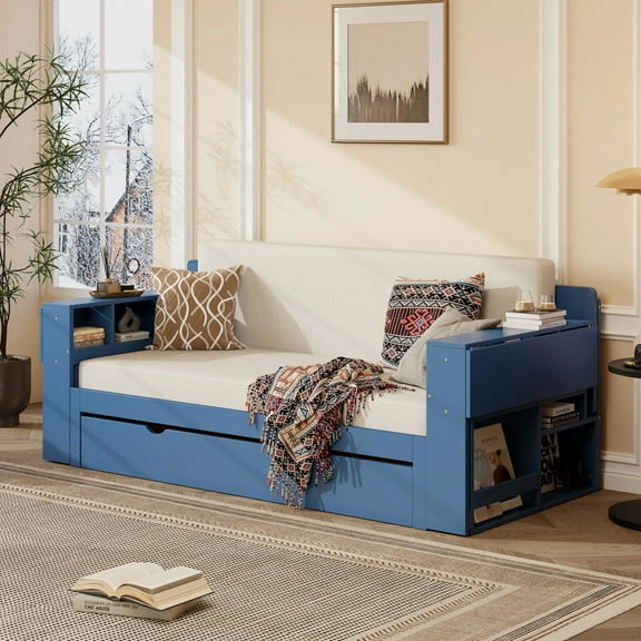 MODERNLUXE Queen Size Daybed with Removable Desk,Wooden 4-in-1 Multifunctional Sofa Bed with Storage Drawer & Hydraulic Side Table for Bedroom, Apartments,Guest Room,Blue