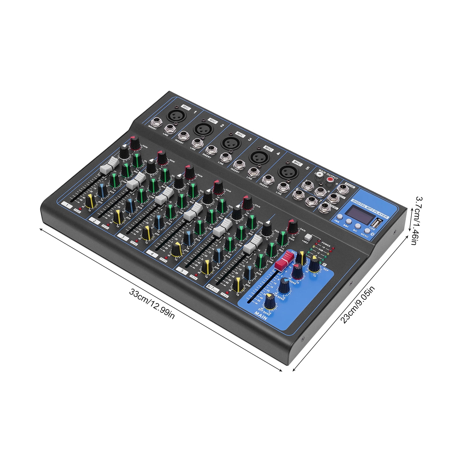 7 Channel Audio Mixer, Bluetooth Portable Audio Mixer w/USB DJ Sound Mixing Console MP3 Jack 48V Power for Computer Recording, Sounds Mixer Board For Studio Recording