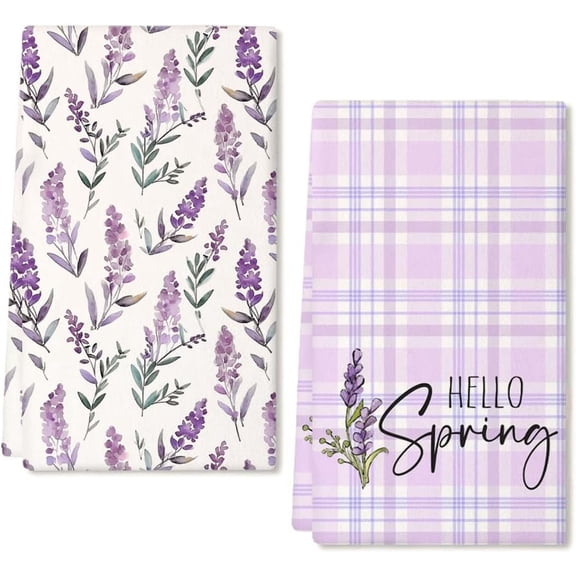 Purple Lavender Spring Kitchen Towels Dish Towels Set of 2,Hello Spring Sign Hand Towels 18x26 Inch Drying Dishcloth,Farmhouse Home Seasonal Spring Decorations AD285