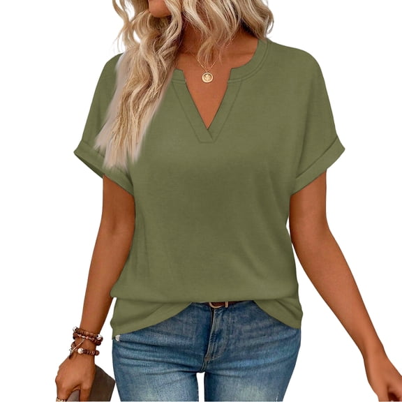 Nestiefly Womens Tops Summer Short Sleeve V Neck Blouses Business Casual Loose Fit Tshirts Trendy Fashion Clothes Army Green S