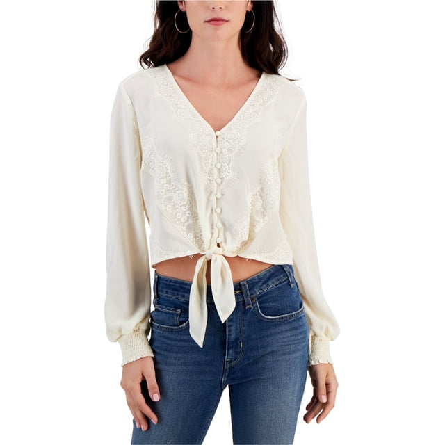 Self E Womens Lace Trimmed V Neck Peasant Blouse, white, Juniors, S