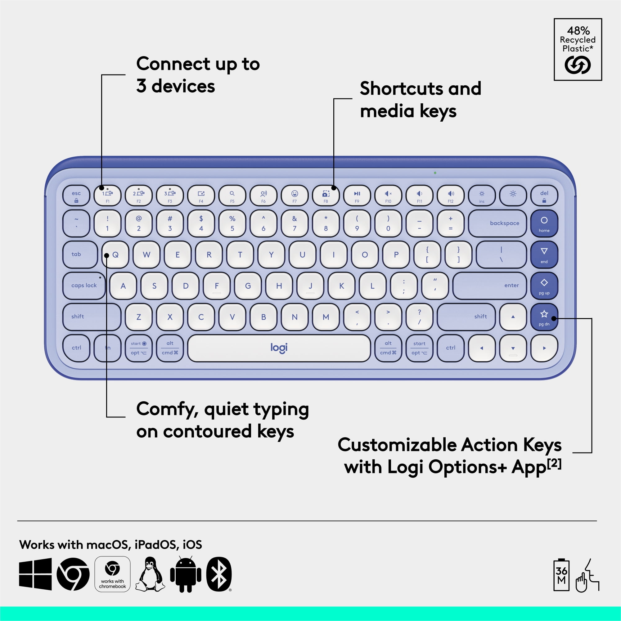 Logitech POP ICON KEYS Wireless Bluetooth Keyboard, Comfortable Typing, Programmable Keys, Lilac and Off-White