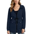 thumbnail image 3 of Women's Zip Up Hooded Windbreaker Jacket Drawstring Waist Mid Length Casual Trench Coat with Pockets Fall Winter Outerwear for Outdoor Navy, 3 of 7