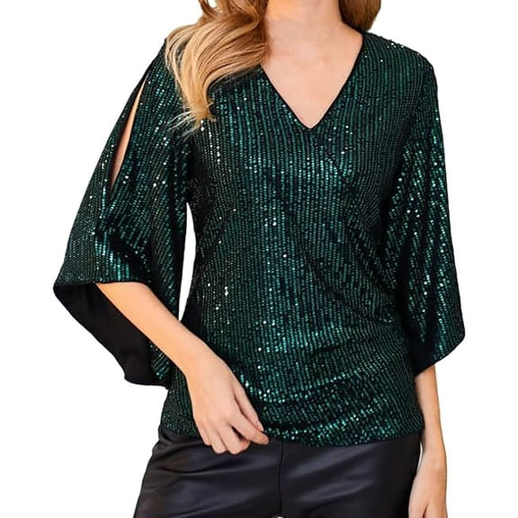 ZHENHONG V Neck Shirts for Women Long Sleeve, Womens Sequin Tops 3/4 Sleeve Glitter Sparkly Blouse V Neck Tops For Evening Going Out Tops