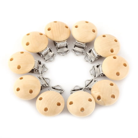 Suodoka 10 Pack Natural Wood Baby Pacifier Clip Holders, 3-Hole Infant Nipple Clasps, 1.7 Inches / 4.4 cm Lightweight Round Wood Charms for Teething and Travel