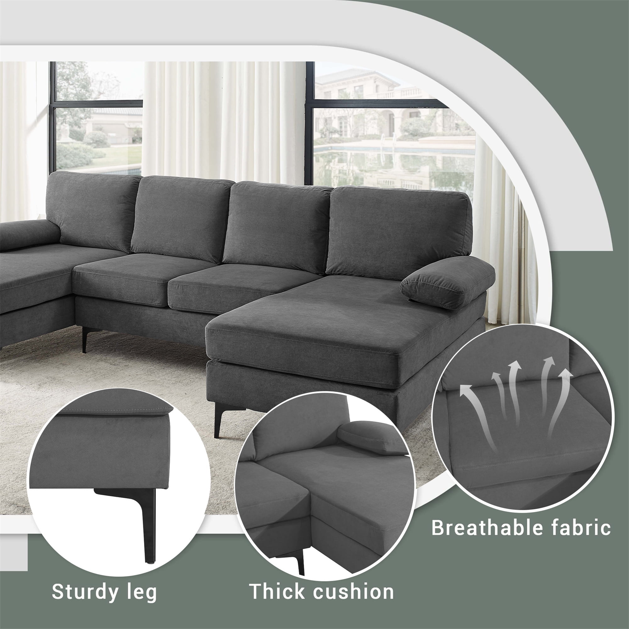 Aukfa 106" U-Shaped Sectional Sofa with Double Chaise Sleeper Sofa Couch for Living Room, Dark Gray