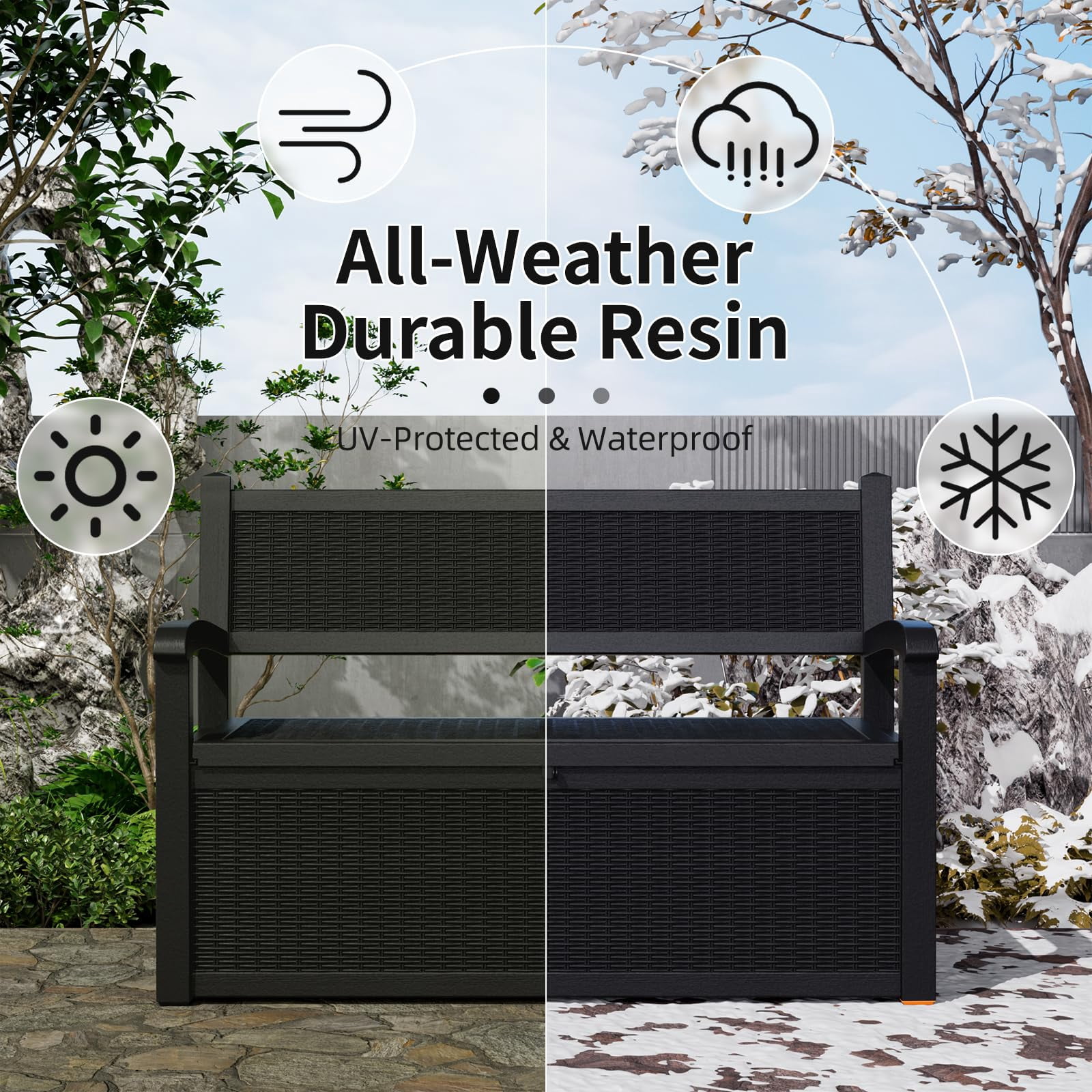 80 Gallon Outdoor Storage Bench Deck Box Lockable for Patio Furniture, Outdoor Porch Bench with Storage Waterproof for Cushions, Garden Tools and Pool Supplies, Black