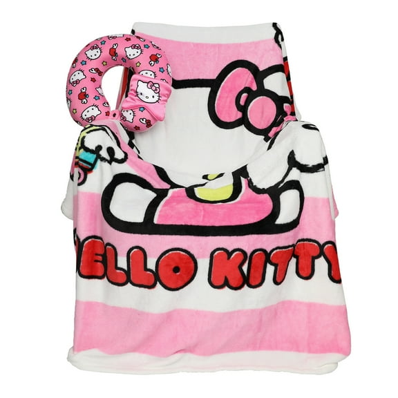 Hello Kitty Adult Travel Set with Neck Pillow Eye Mask and Throw Blanket - Adorable Comfort for Hello Kitty Fans on the Go!