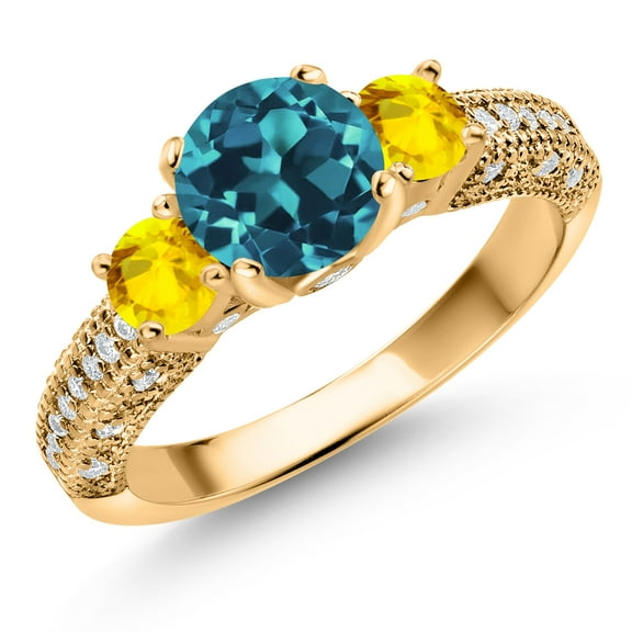 Gem Stone King 18K Yellow Gold Plated Silver London Blue Topaz Yellow Sapphire and White Moissanite Engagement Ring for Women (2.50 Cttw, Gemstone November Birthstone, Round 7MM and 4MM, Size 7)