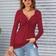 thumbnail image 3 of Blusa Anudada Delantera Camisa Mujer Cuello En V Manga Larga Camiseta Casual Color Sólido Jersey Tops Vino Rojo L, 3 of 6
