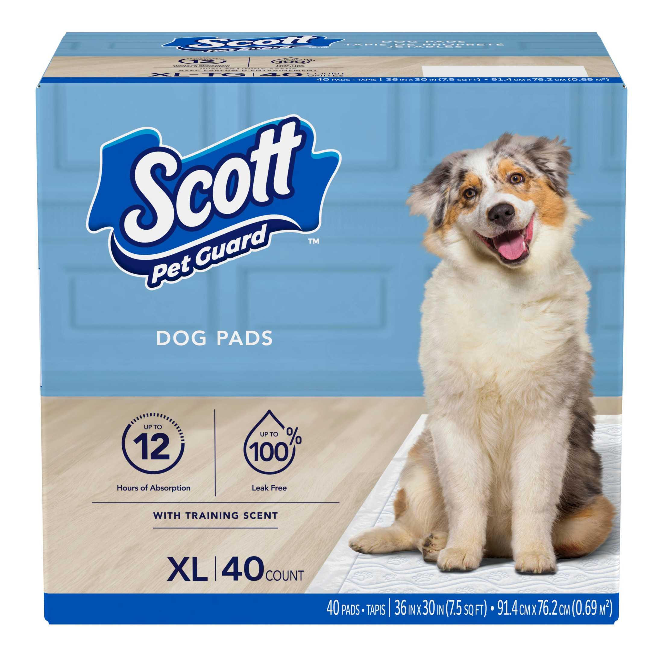 Scott Pet Guard Dog Pads - Dog Training Pee Pads for Puppies, Medium & Large Dogs - Up to 12 Hour Absorbent Odor Control - Easily Disposable Dog Pee Pads - Size XL - 30" x 36" - 40 Pack of Pet Pads