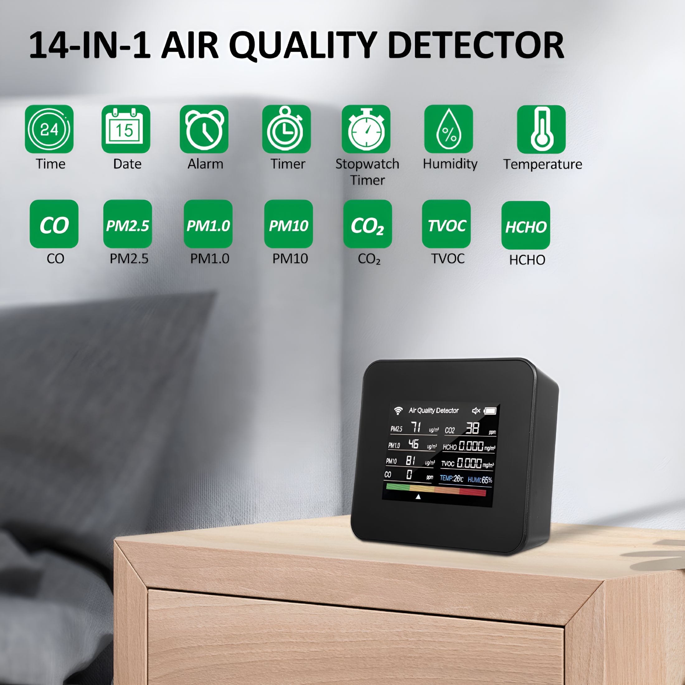 GJX 14-in-1 Indoor Air Quality WiFi Detector - Detects CO鈧? CO, TVOC, HCHO, Temp, Humidity, PM2.5, PM1.0, PM10 - Support Cellphone APP Control