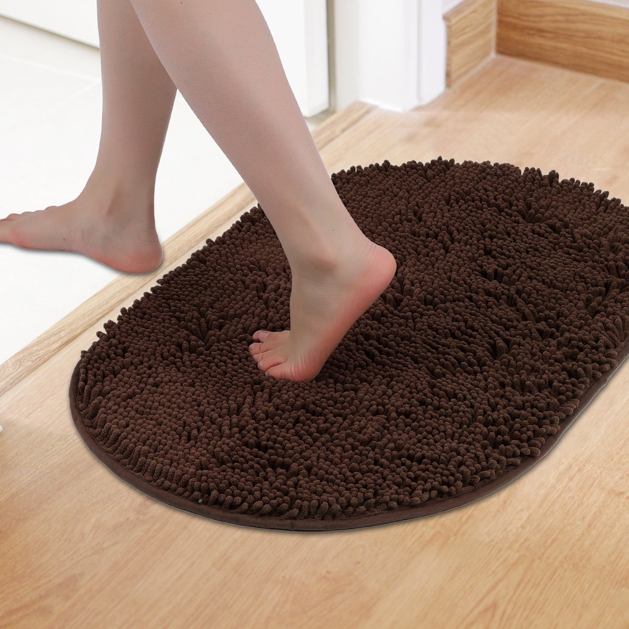 Unique Bargains Oval Plush Bath Mat Soft Non Slip Washable Rug Brown 16" x 24"