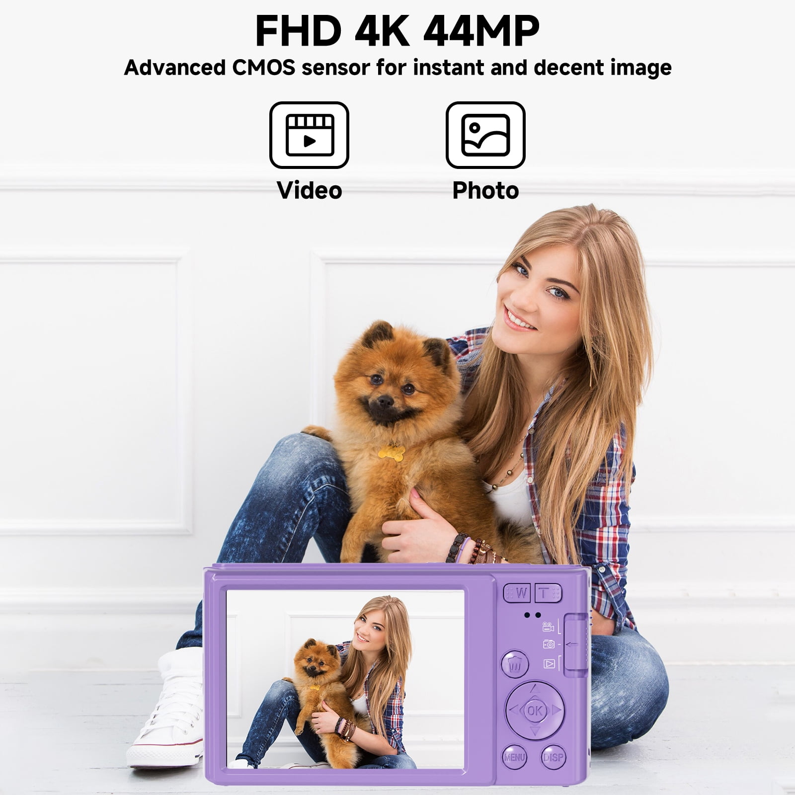 KEEPBERRY 4K Compact Digital Camera,Auto Focus 16x Zoom, 64GB TFCard, Lightweight, Purple, for Teens