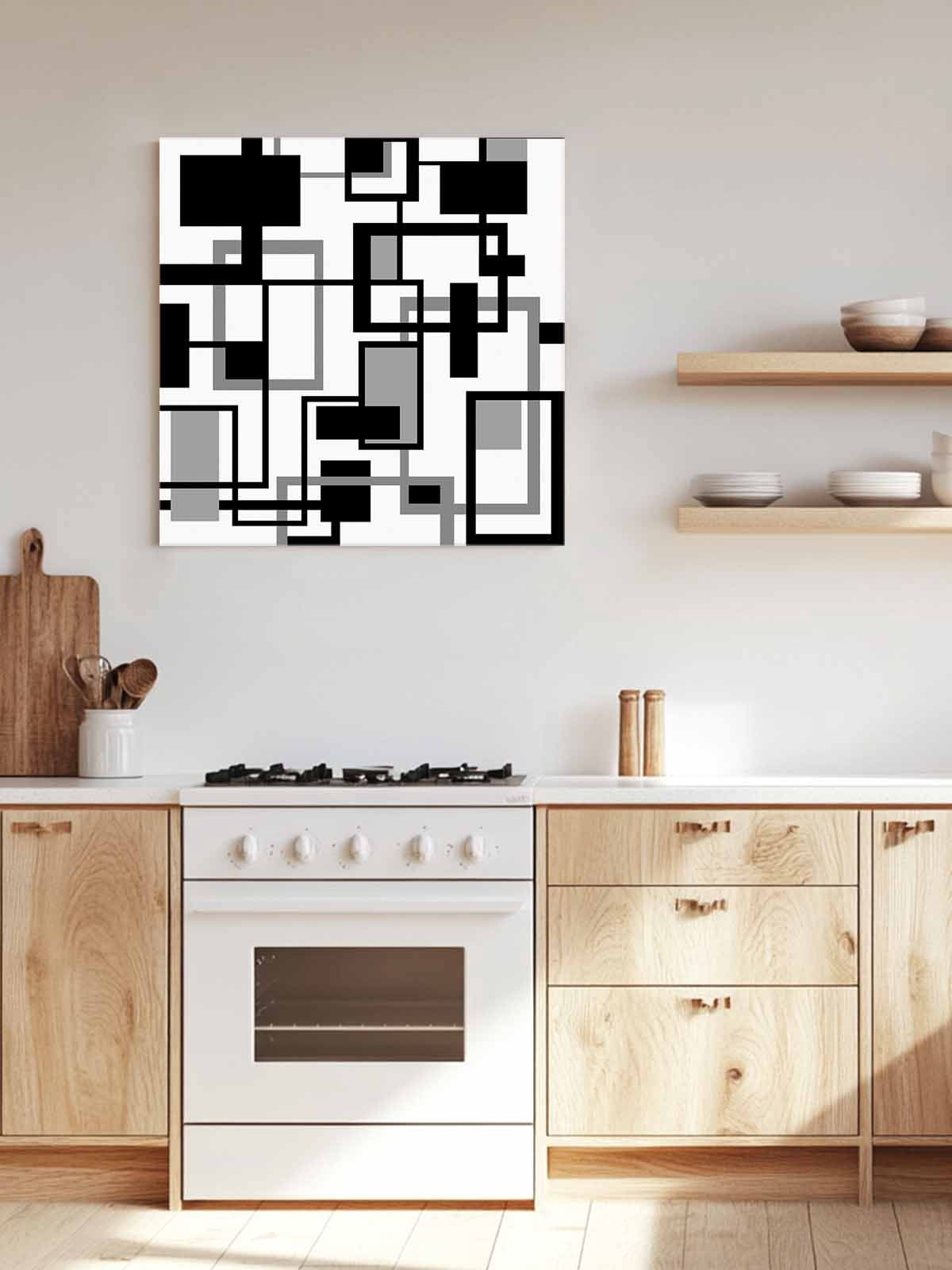 Geometric Black Canvas Wall Art, White and Gray Line Framed Wall Decor Modern Artwork Prints Painting for Living Room, Bedroom, Kitchen & Cafe Decor 16x16 Inch