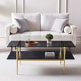 thumbnail image 4 of Rectangle Coffee Table Mid-Century Modern Design L W x H for Living Room - Structure Amber Glass Top and Walnut MDF Shelf Sleek Conical Metal Legs with Gold Finish, 4 of 9