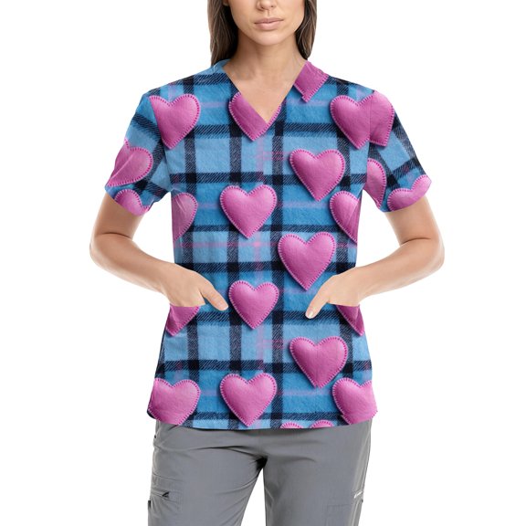 Petite Scrubs For Women,Women's Fashion V-Neck Nursing Top Valentine's Day Print Short-Sleeve Nursing Scrub Top with Pockets - Blue - XXXXL