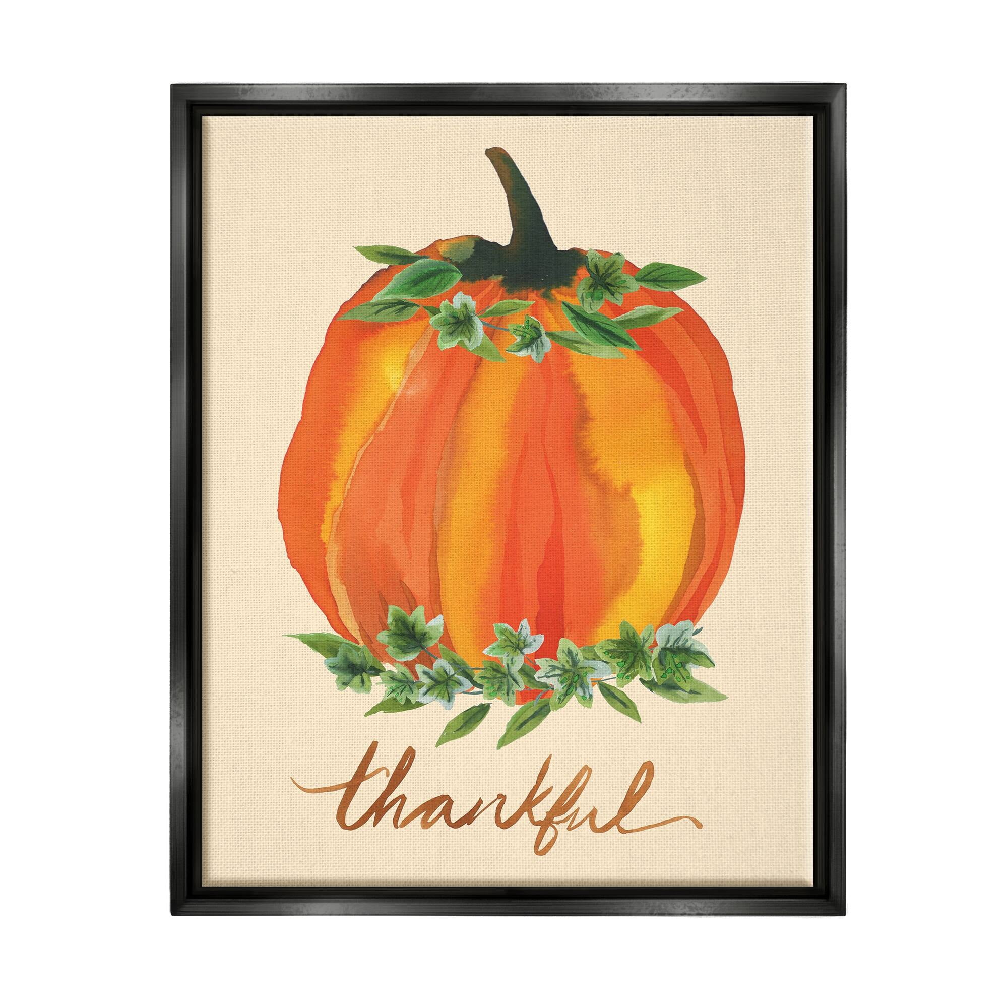 Stupell Industries Thankful Orange Pumpkin Leaf Botanicals Autumn Plants Graphic Art Jet Black Floating Framed Canvas Print Wall Art, Design by Heather McLaughlin