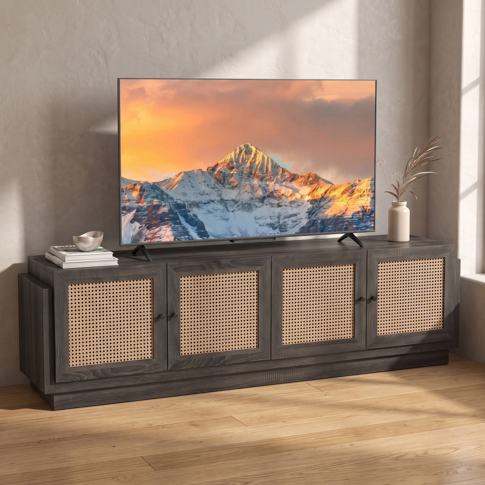 Furnibear Farmhouse TV Stand for TVs up to 75 Inches, 70 Inch Entertainment Center with PE Rattan Cabinet Doors and Adjustable Shelves, Rattan Media Console for, Black